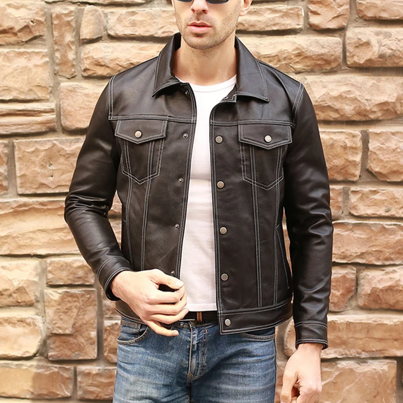 Genuine Men Casual Coat Brand Luxury Real Slim Lapel Black Pocket Sheep Leather Jacket Aviation Clothes - Image 6