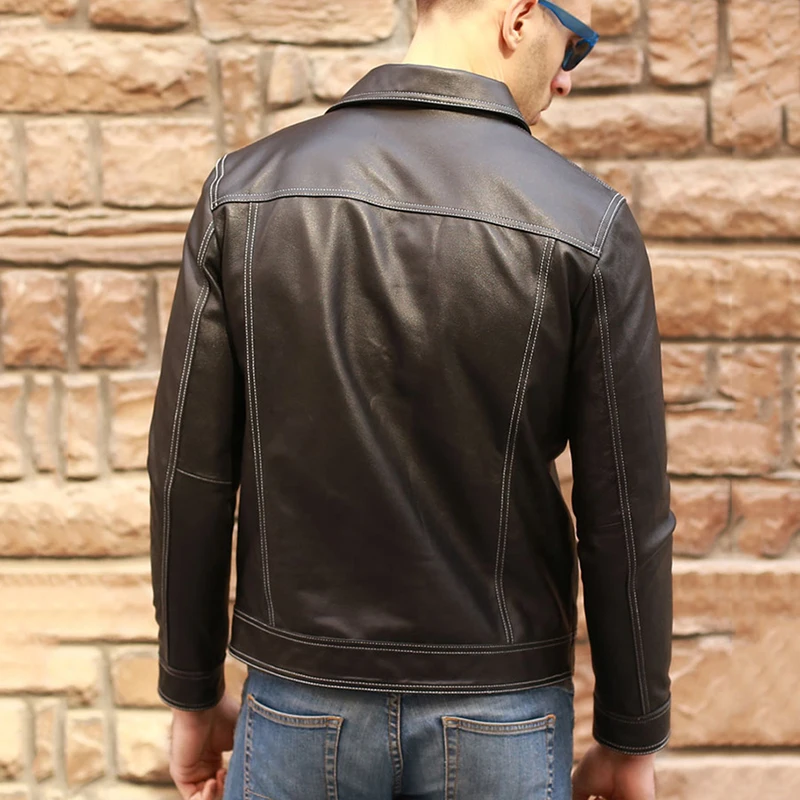 Genuine Men Casual Coat Brand Luxury Real Slim Lapel Black Pocket Sheep Leather Jacket Aviation Clothes - Image 2