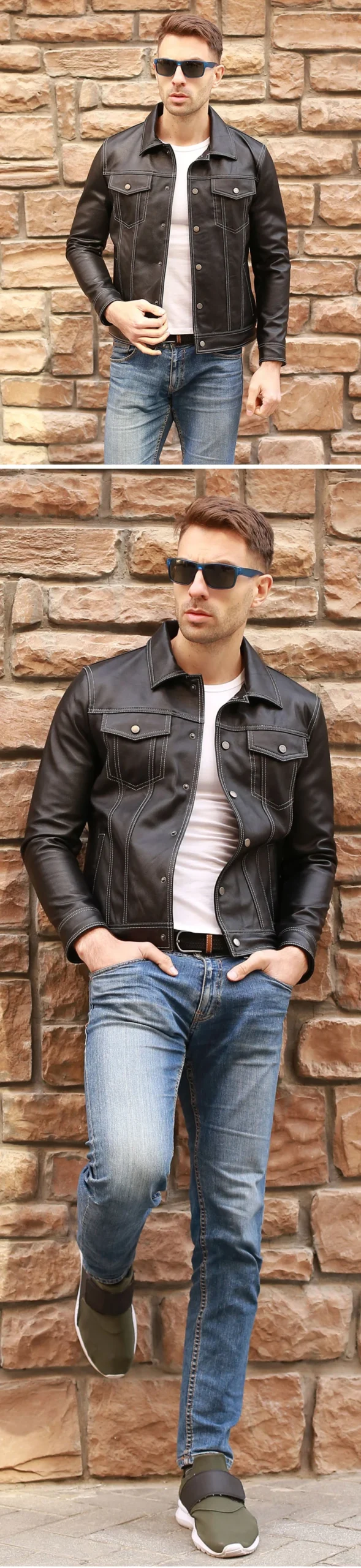 Genuine Men Casual Coat Brand Luxury Real Slim Lapel Black Pocket Sheep Leather Jacket Aviation Clothes - Image 7