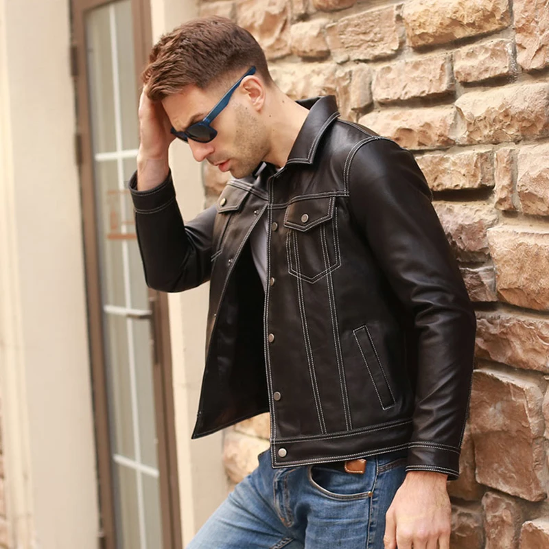 Genuine Men Casual Coat Brand Luxury Real Slim Lapel Black Pocket Sheep Leather Jacket Aviation Clothes - Image 3
