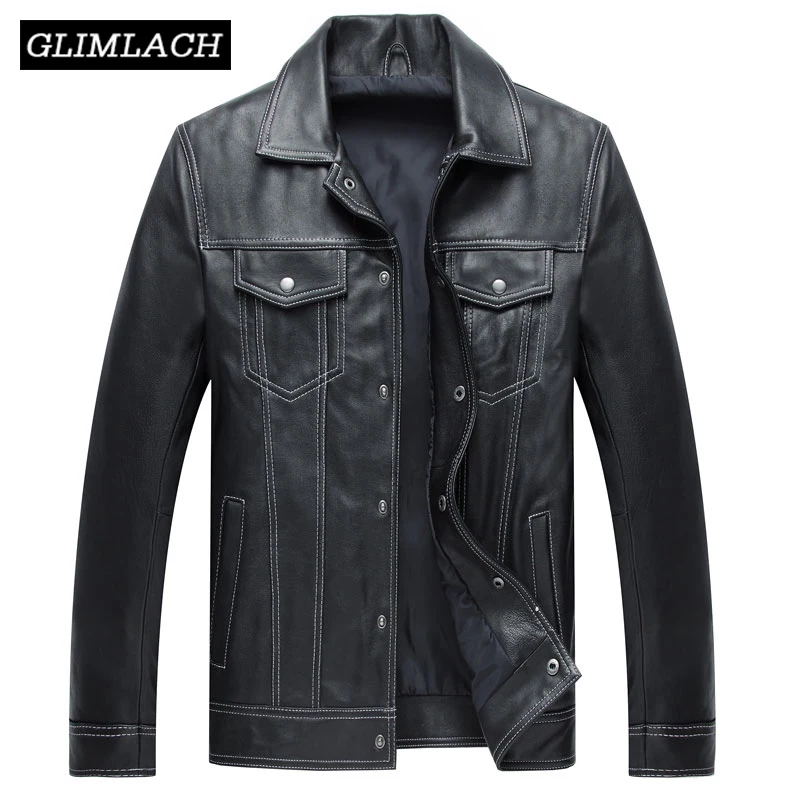Genuine Men Casual Coat Brand Luxury Real Slim Lapel Black Pocket Sheep Leather Jacket Aviation Clothes - Image 4