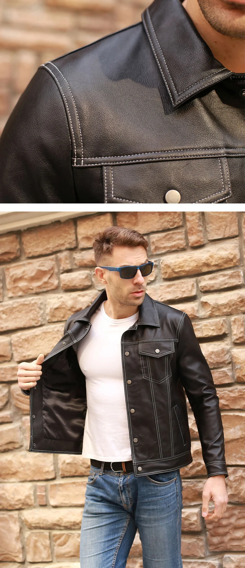 Genuine Men Casual Coat Brand Luxury Real Slim Lapel Black Pocket Sheep Leather Jacket Aviation Clothes - Image 9
