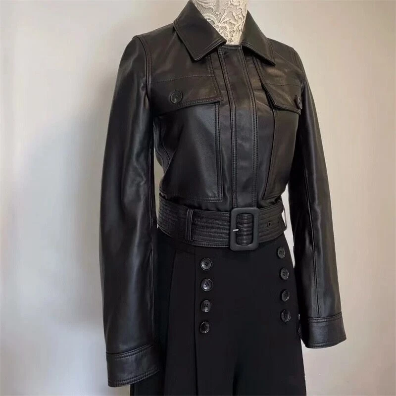 2023 Natural Leather Women Lambskin Leather Bomber Biker Jacket Long Sleeves 100% Sheepskin Leather Coat H223 - Image 3