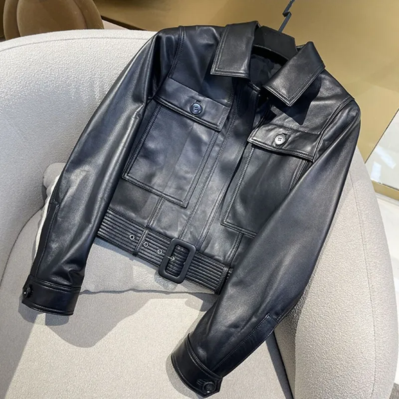 2023 Natural Leather Women Lambskin Leather Bomber Biker Jacket Long Sleeves 100% Sheepskin Leather Coat H223 - Image 4