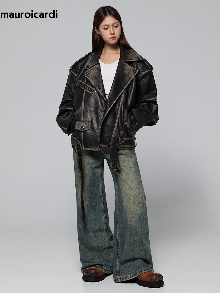 Mauroicardi Spring Cool Handsome Vintage Distressed Black Pu Leather Biker jacket Men Belt Zipper Loose Unisex Clothes 2024 - Image 5