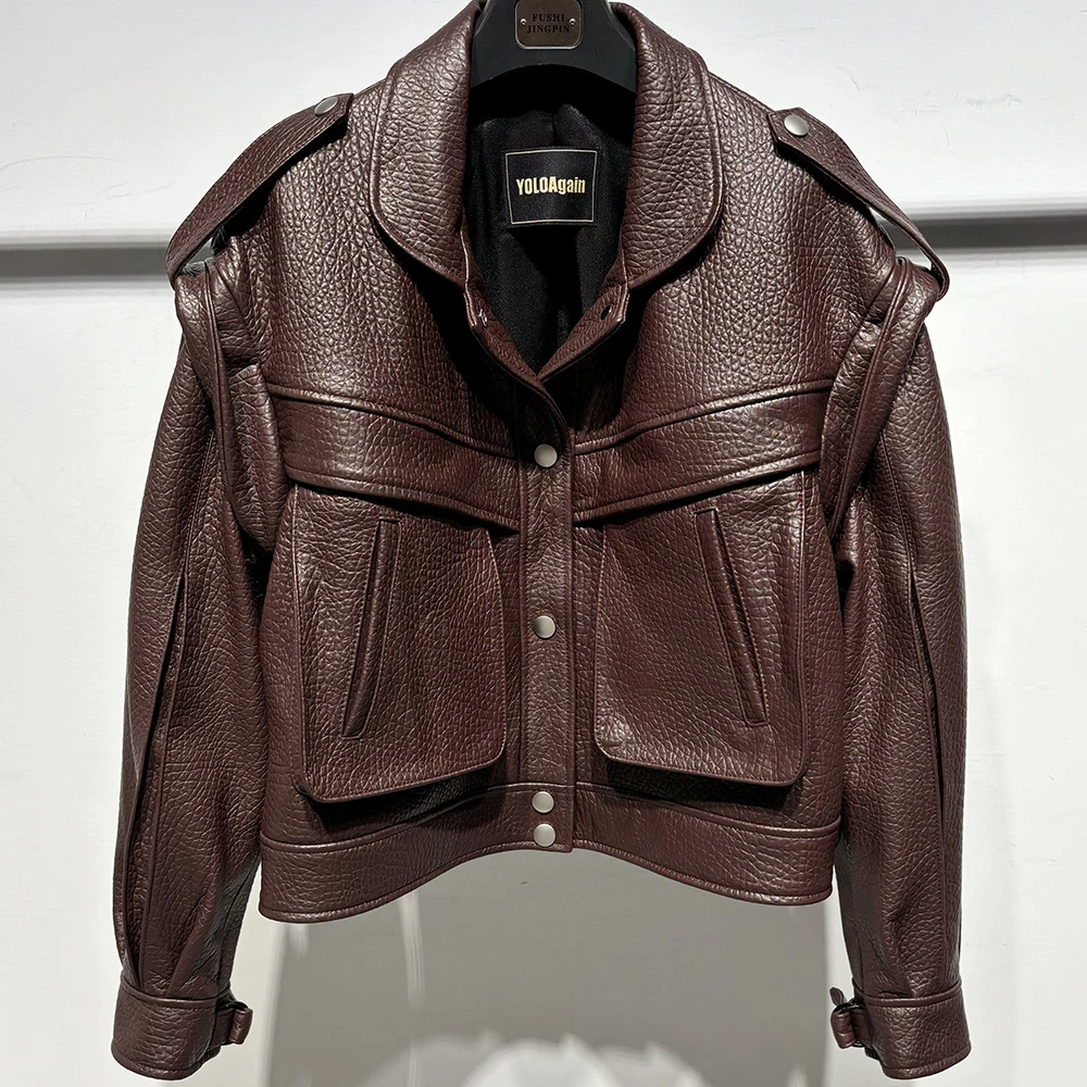 YOLOAgain Women's High Quality Real Leather Jacket Oversized Dark Brown Grain Leather Jacket - Image 10