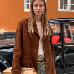 Vintage Brown Kid Suede Jacket for Women 2024 New High Sense Loose Oversized Leather Suit Blazer Female Casual Coat Streetwear