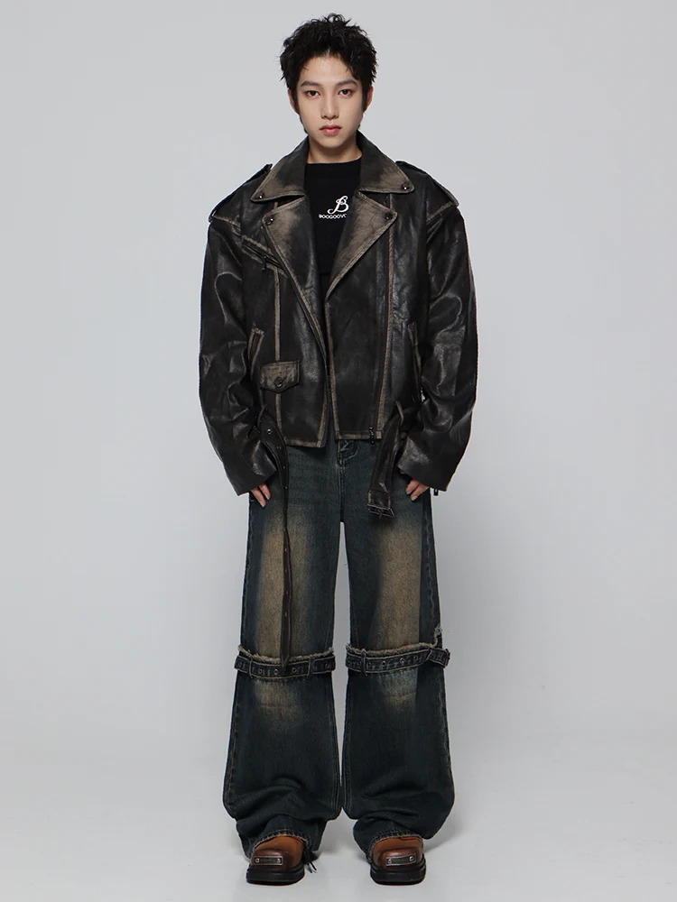 Mauroicardi Spring Cool Handsome Vintage Distressed Black Pu Leather Biker jacket Men Belt Zipper Loose Unisex Clothes 2024 - Image 16