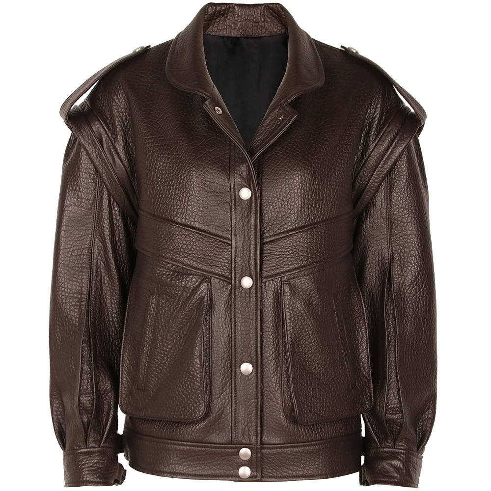 YOLOAgain Women's High Quality Real Leather Jacket Oversized Dark Brown Grain Leather Jacket - Image 5