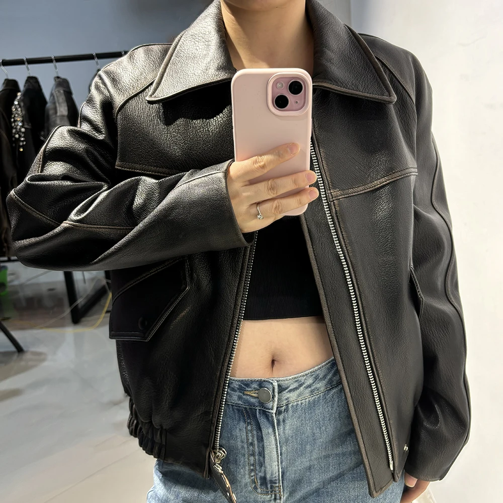 YOLOAgain Real Leather Jacket For Women Oversized Sheepskin Coat Outerwear 2024 Autumn - Image 4