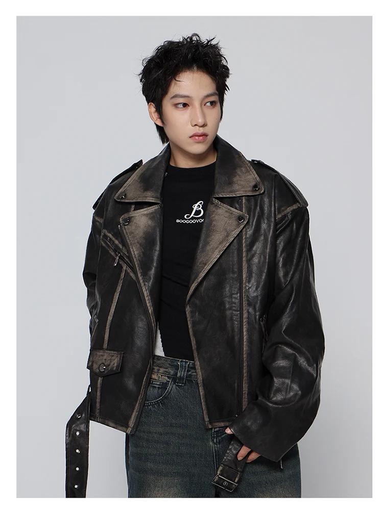 Mauroicardi Spring Cool Handsome Vintage Distressed Black Pu Leather Biker jacket Men Belt Zipper Loose Unisex Clothes 2024 - Image 13