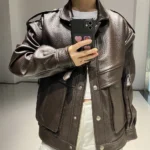 YOLOAgain Women's High Quality Real Leather Jacket Oversized Dark Brown Grain Leather Jacket