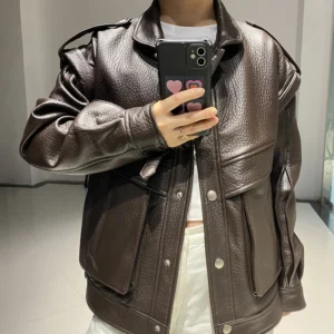 YOLOAgain Women's High Quality Real Leather Jacket Oversized Dark Brown Grain Leather Jacket