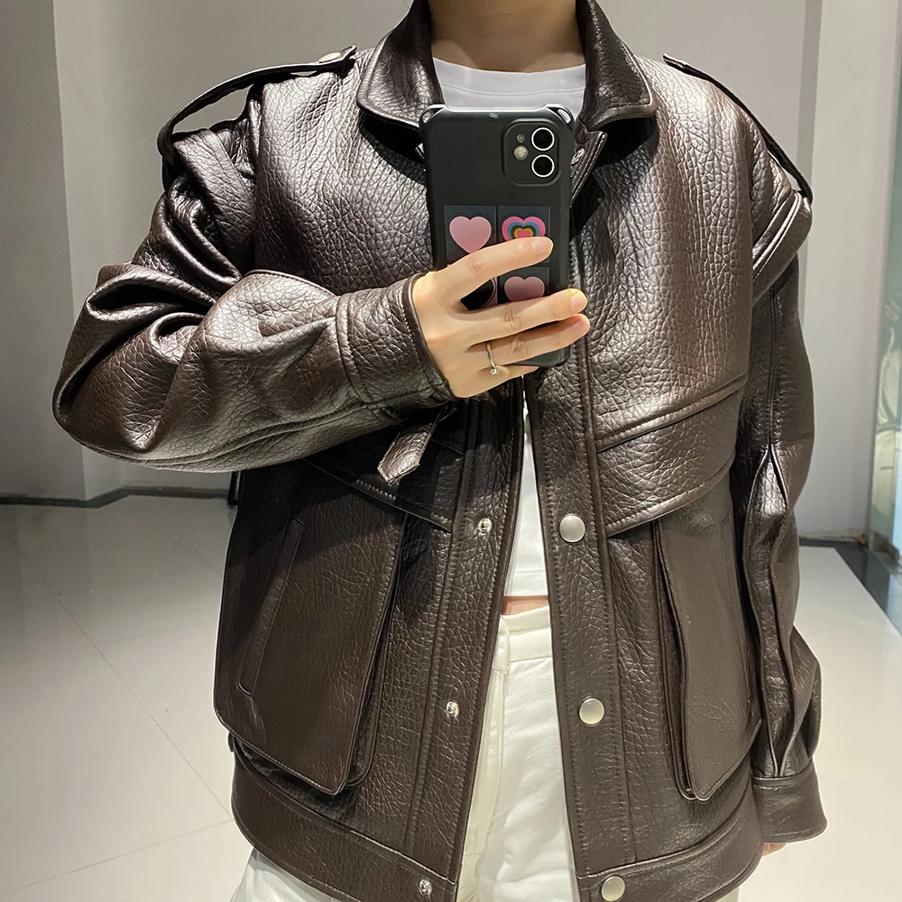 YOLOAgain Women's High Quality Real Leather Jacket Oversized Dark Brown Grain Leather Jacket