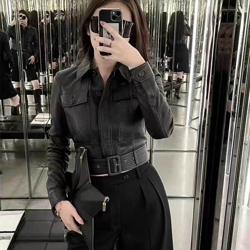 2023 Natural Leather Women Lambskin Leather Bomber Biker Jacket Long Sleeves 100% Sheepskin Leather Coat H223 - Image 2