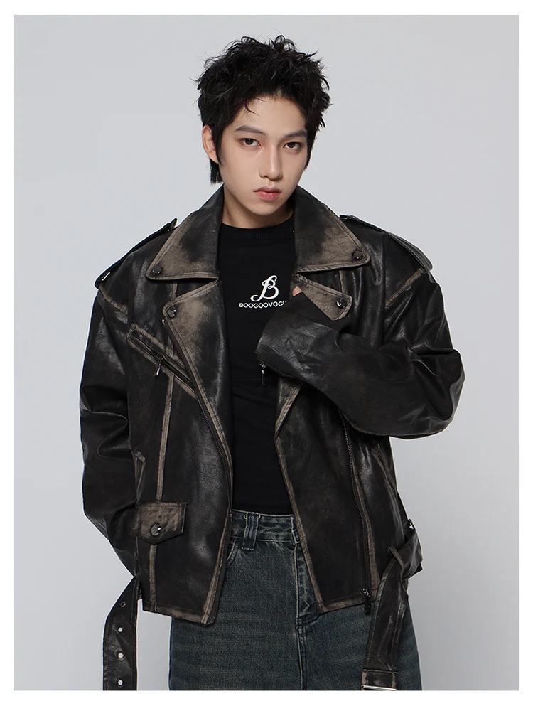 Mauroicardi Spring Cool Handsome Vintage Distressed Black Pu Leather Biker jacket Men Belt Zipper Loose Unisex Clothes 2024 - Image 12