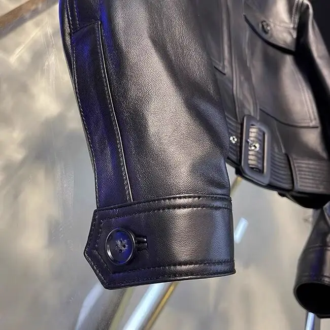 2023 Natural Leather Women Lambskin Leather Bomber Biker Jacket Long Sleeves 100% Sheepskin Leather Coat H223 - Image 7