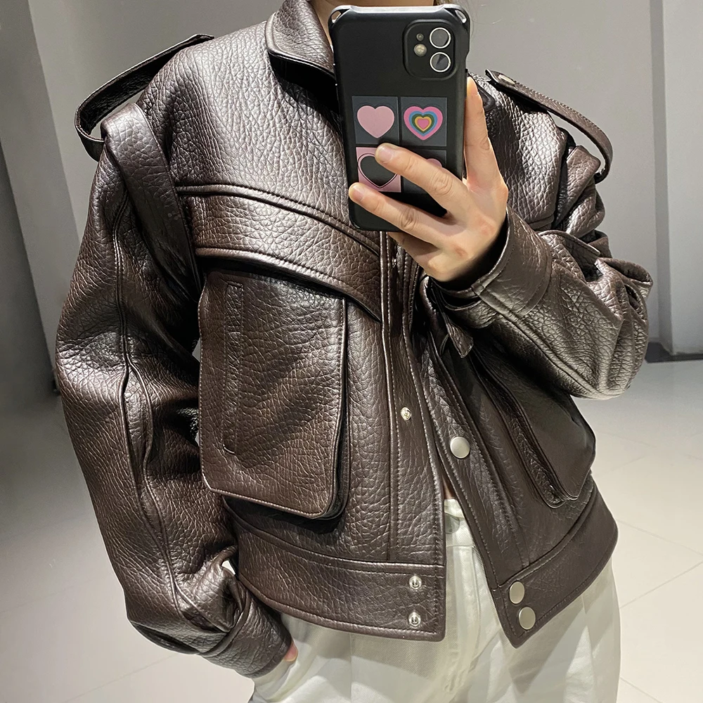 YOLOAgain Women's High Quality Real Leather Jacket Oversized Dark Brown Grain Leather Jacket - Image 2