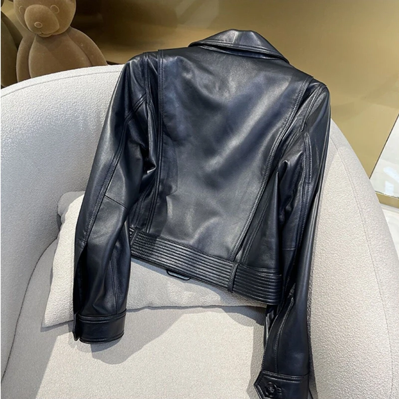 2023 Natural Leather Women Lambskin Leather Bomber Biker Jacket Long Sleeves 100% Sheepskin Leather Coat H223 - Image 5