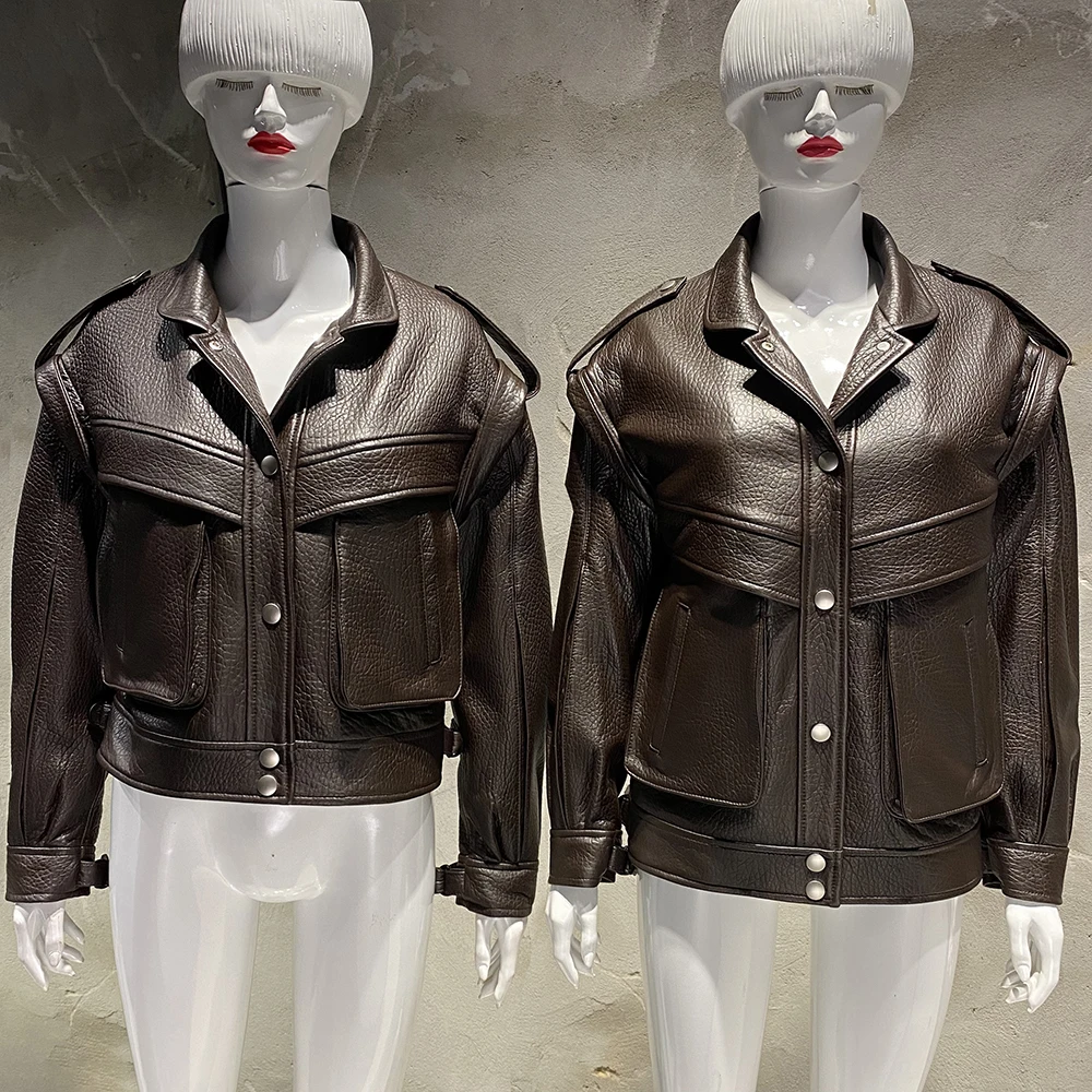 YOLOAgain Women's High Quality Real Leather Jacket Oversized Dark Brown Grain Leather Jacket - Image 3