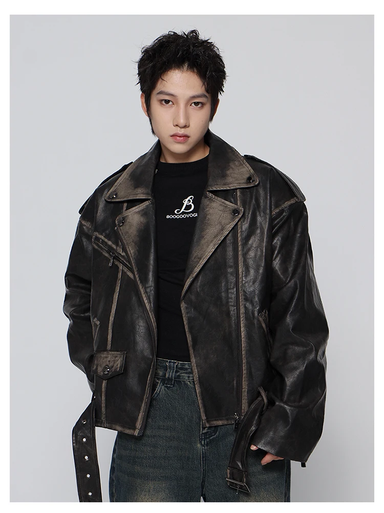 Mauroicardi Spring Cool Handsome Vintage Distressed Black Pu Leather Biker jacket Men Belt Zipper Loose Unisex Clothes 2024 - Image 11