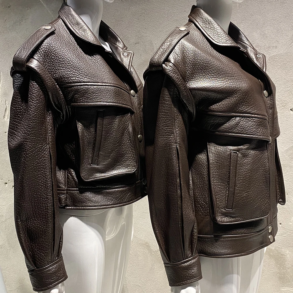 YOLOAgain Women's High Quality Real Leather Jacket Oversized Dark Brown Grain Leather Jacket - Image 4