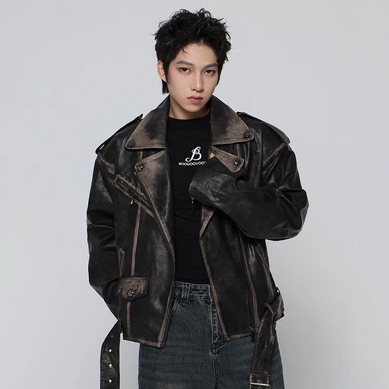 Mauroicardi Spring Cool Handsome Vintage Distressed Black Pu Leather Biker jacket Men Belt Zipper Loose Unisex Clothes 2024 - Image 7