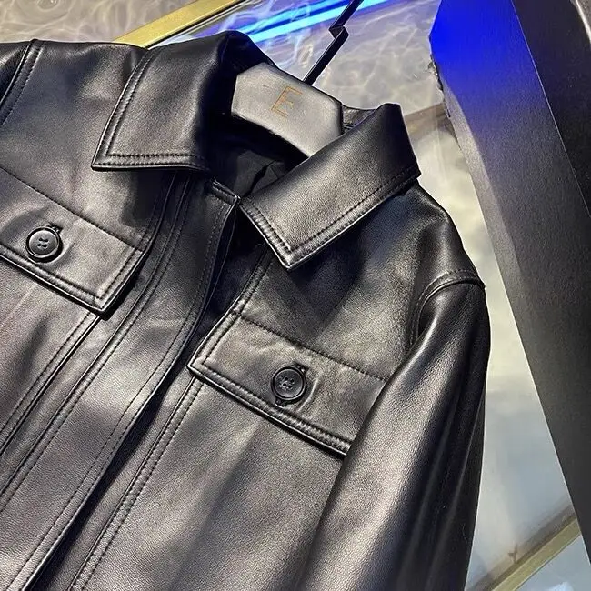 2023 Natural Leather Women Lambskin Leather Bomber Biker Jacket Long Sleeves 100% Sheepskin Leather Coat H223 - Image 8