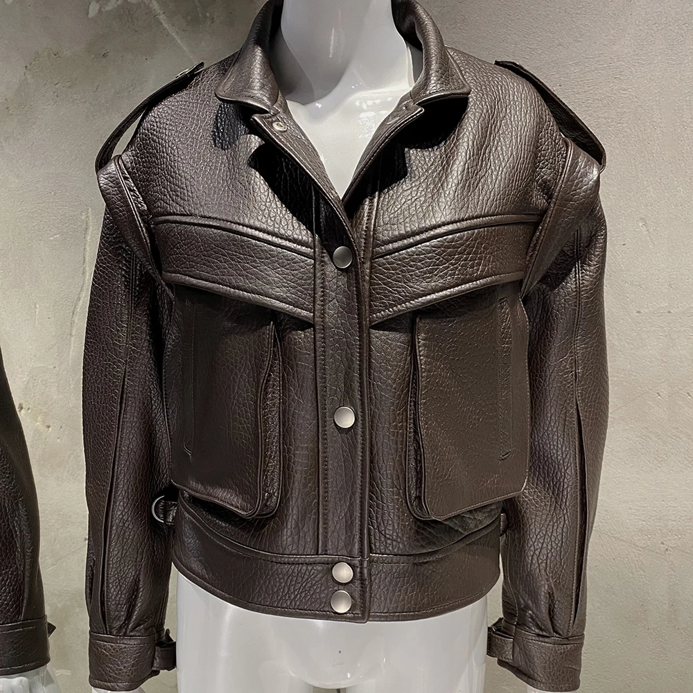 YOLOAgain Women's High Quality Real Leather Jacket Oversized Dark Brown Grain Leather Jacket - Image 9