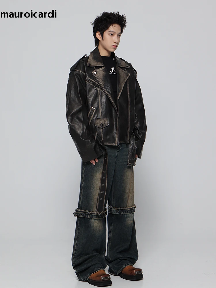 Mauroicardi Spring Cool Handsome Vintage Distressed Black Pu Leather Biker jacket Men Belt Zipper Loose Unisex Clothes 2024 - Image 6