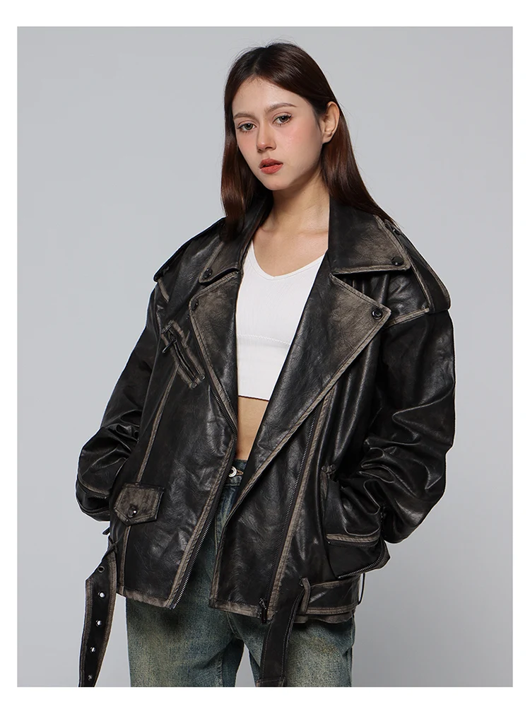 Mauroicardi Spring Cool Handsome Vintage Distressed Black Pu Leather Biker jacket Men Belt Zipper Loose Unisex Clothes 2024 - Image 18