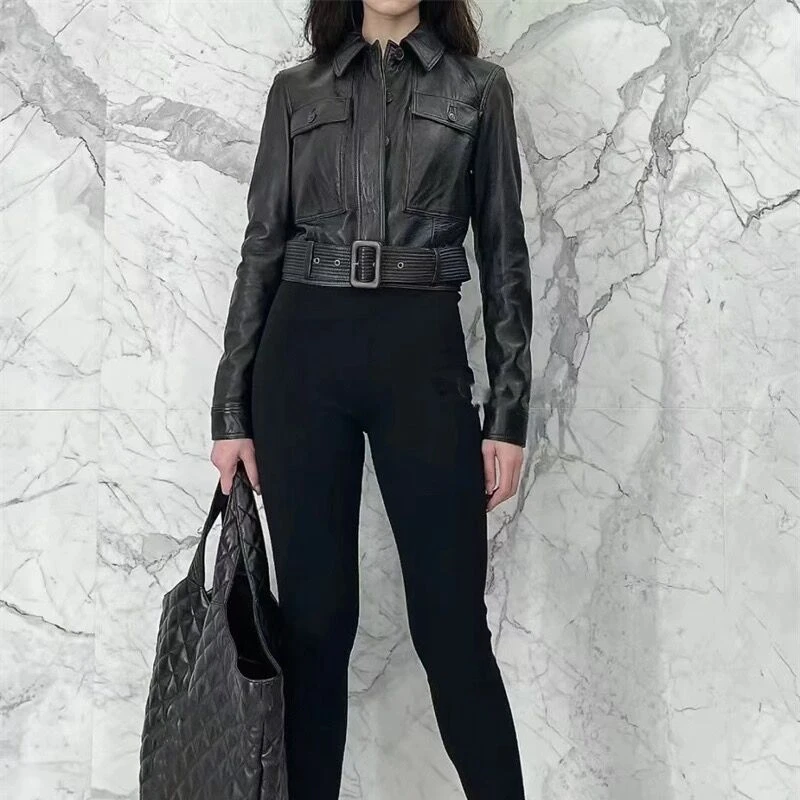 2023 Natural Leather Women Lambskin Leather Bomber Biker Jacket Long Sleeves 100% Sheepskin Leather Coat H223