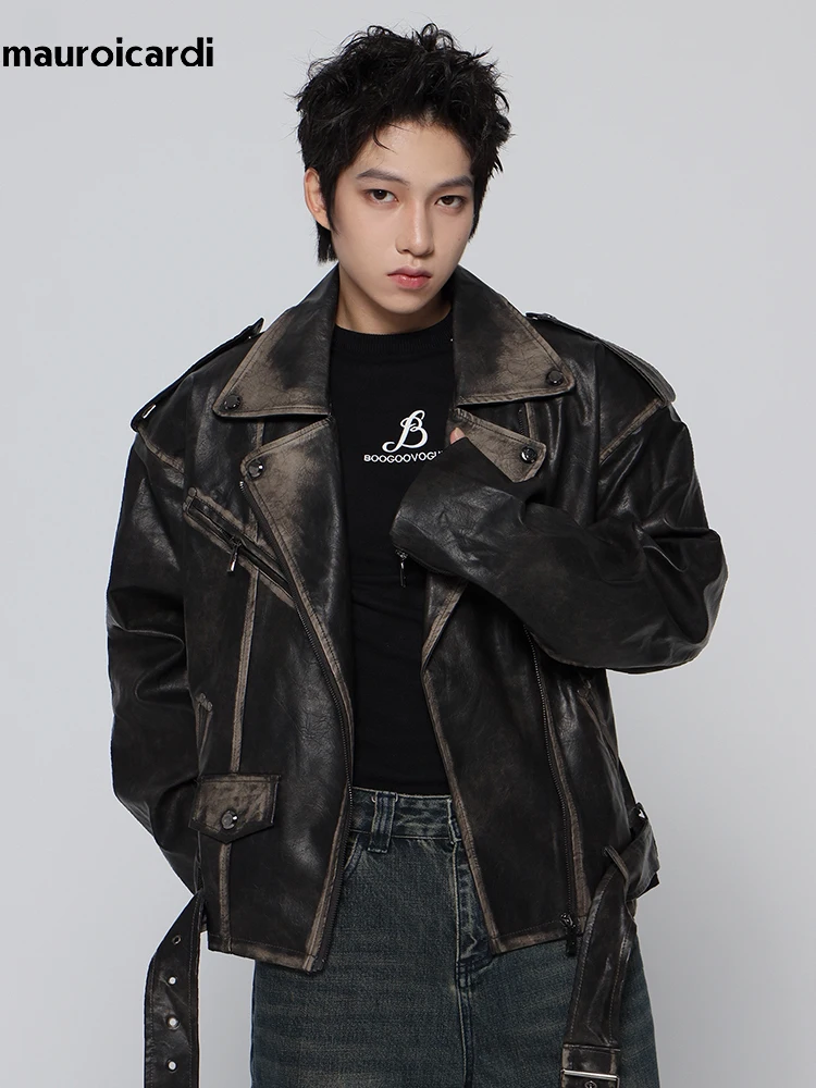 Mauroicardi Spring Cool Handsome Vintage Distressed Black Pu Leather Biker jacket Men Belt Zipper Loose Unisex Clothes 2024 - Image 4