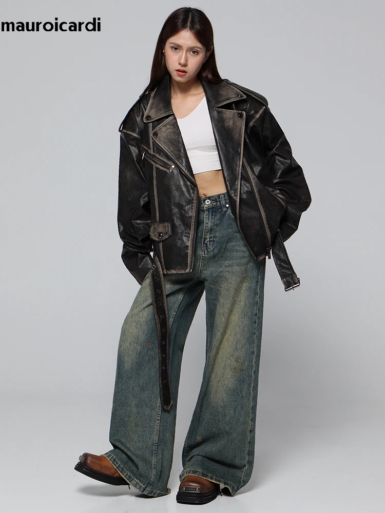 Mauroicardi Spring Cool Handsome Vintage Distressed Black Pu Leather Biker jacket Men Belt Zipper Loose Unisex Clothes 2024 - Image 3