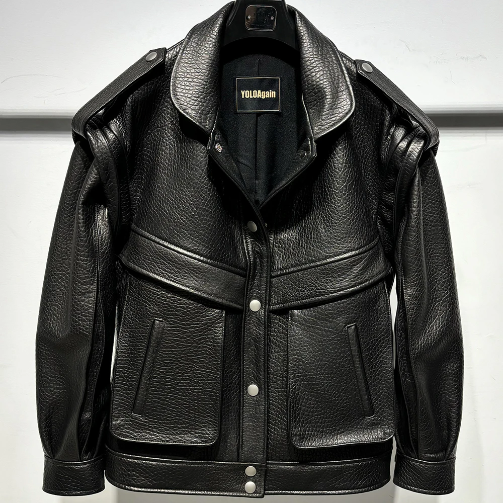 YOLOAgain Women's High Quality Real Leather Jacket Oversized Dark Brown Grain Leather Jacket - Image 11