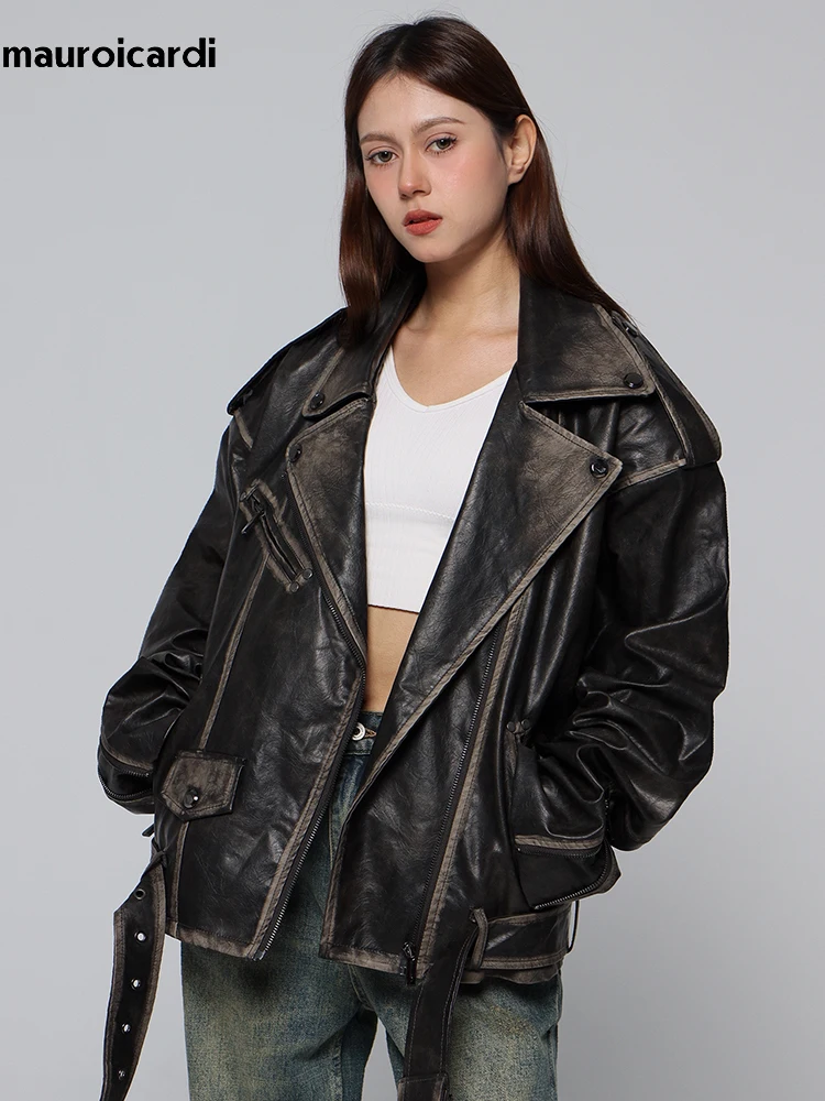 Mauroicardi Spring Cool Handsome Vintage Distressed Black Pu Leather Biker jacket Men Belt Zipper Loose Unisex Clothes 2024 - Image 2