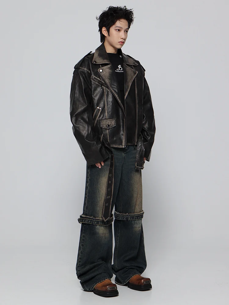 Mauroicardi Spring Cool Handsome Vintage Distressed Black Pu Leather Biker jacket Men Belt Zipper Loose Unisex Clothes 2024 - Image 17