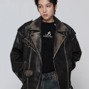 Mauroicardi Spring Cool Handsome Vintage Distressed Black Pu Leather Biker jacket Men Belt Zipper Loose Unisex Clothes 2024