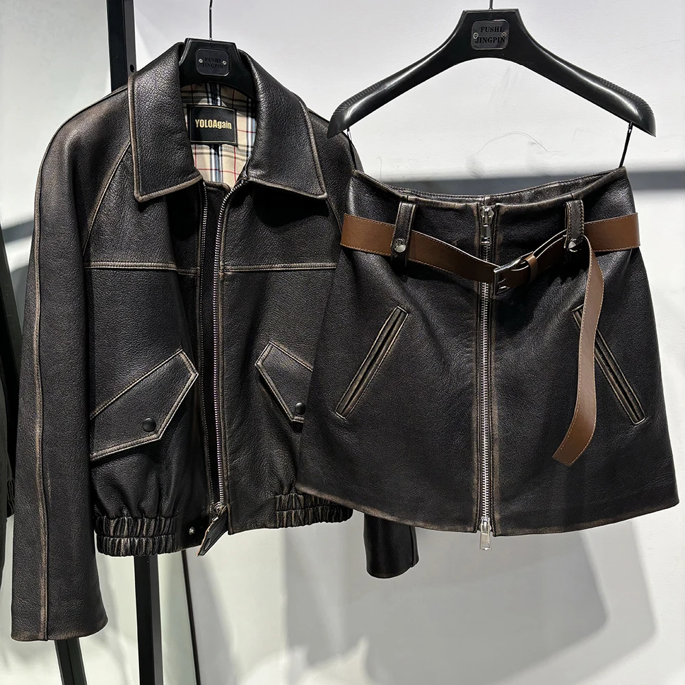 YOLOAgain Real Leather Jacket For Women Oversized Sheepskin Coat Outerwear 2024 Autumn