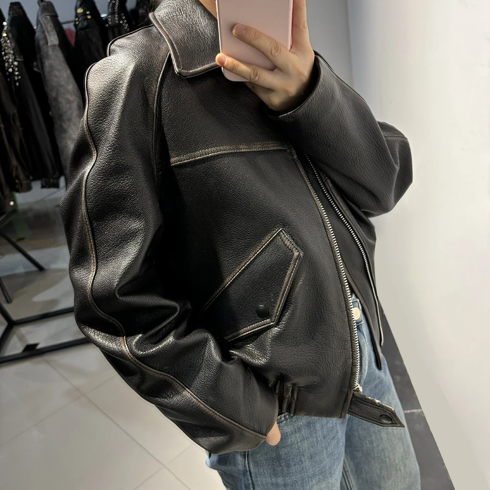 YOLOAgain Real Leather Jacket For Women Oversized Sheepskin Coat Outerwear 2024 Autumn - Image 3