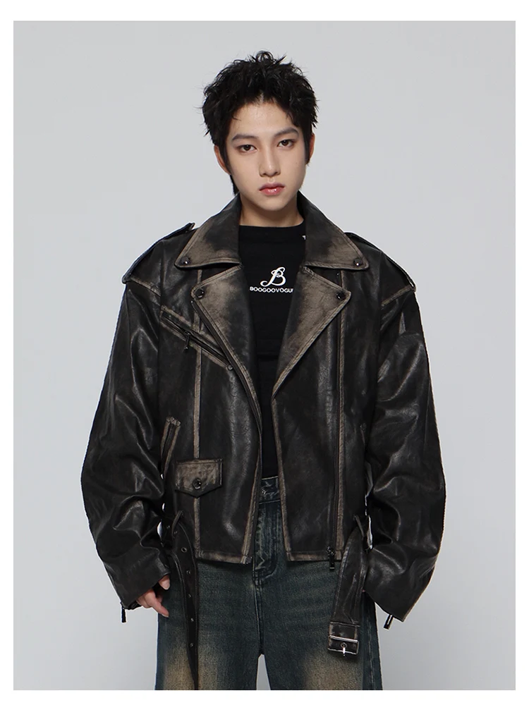 Mauroicardi Spring Cool Handsome Vintage Distressed Black Pu Leather Biker jacket Men Belt Zipper Loose Unisex Clothes 2024 - Image 9