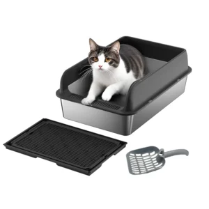 Stainless Steel Cat Litter Box, Litter Box With High Sided For Big Cats, Double Layer Litter Mat And Scoop Included